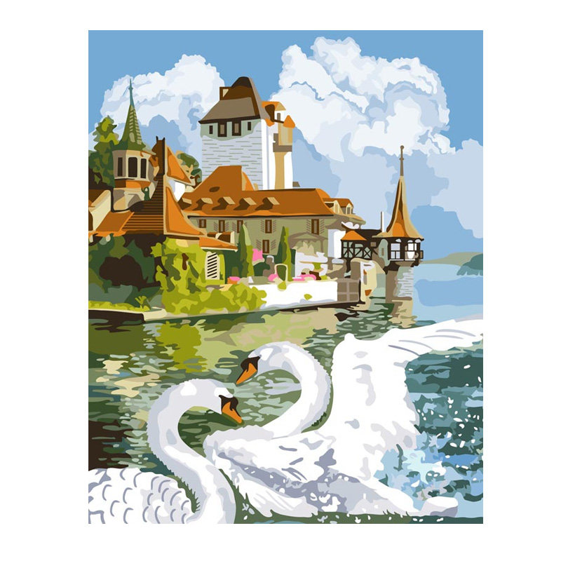 数字油画diy手工填充欧式天鹅童话城堡建筑解闷手绘涂色油彩画画,家居饰品,DIY/数字油画,淘宝优惠券,粉丝福利购,淘宝优惠卷