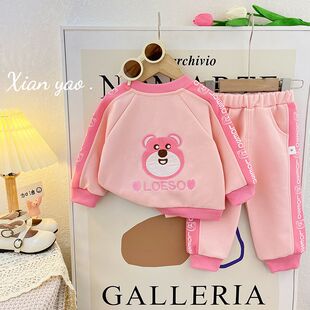 卡通休闲字母草莓熊棒球服外套两件套洋气女孩套装 女童春装