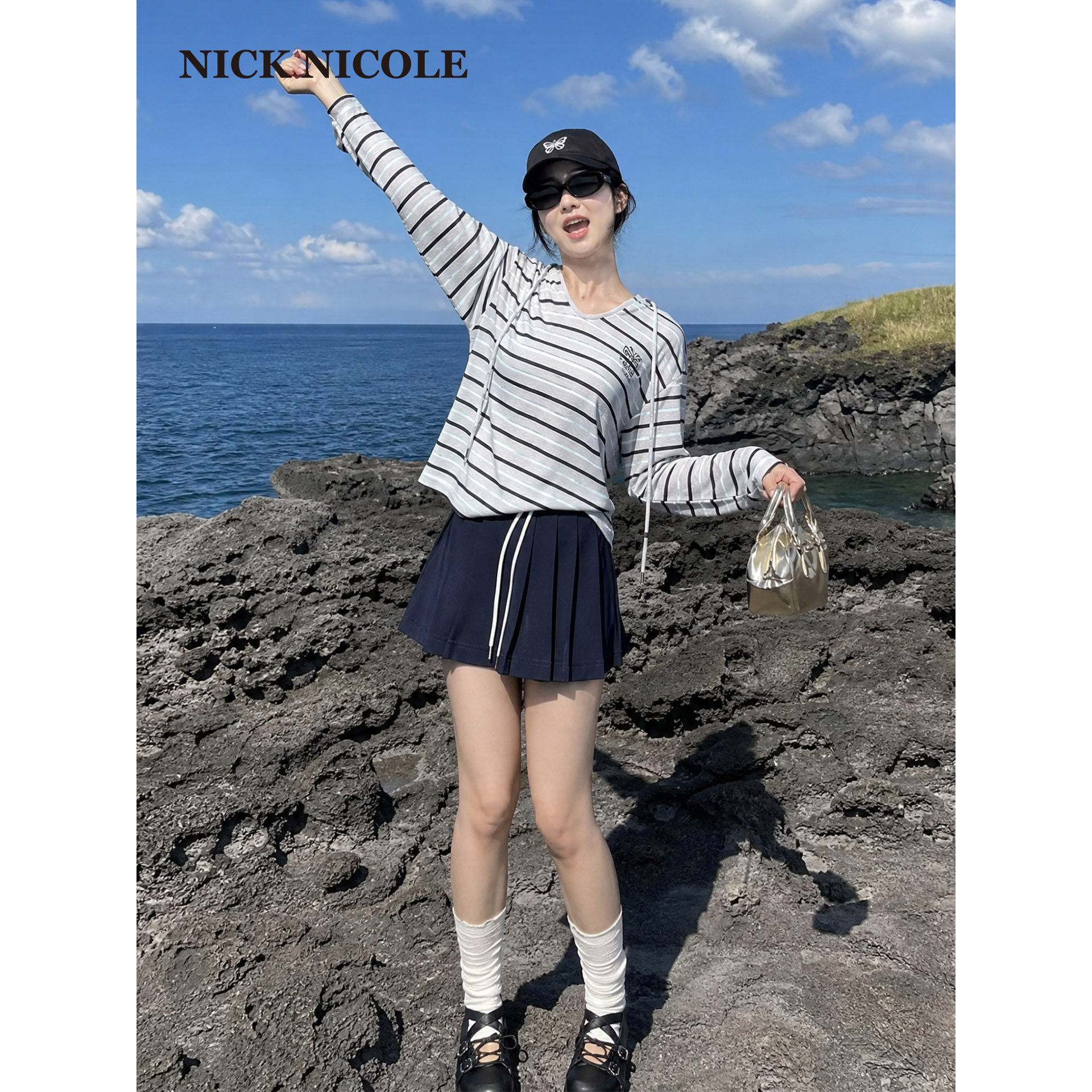 NICK&NICOLE26秋季温柔韩系风条纹连帽长袖T恤女宽松显瘦休闲上衣