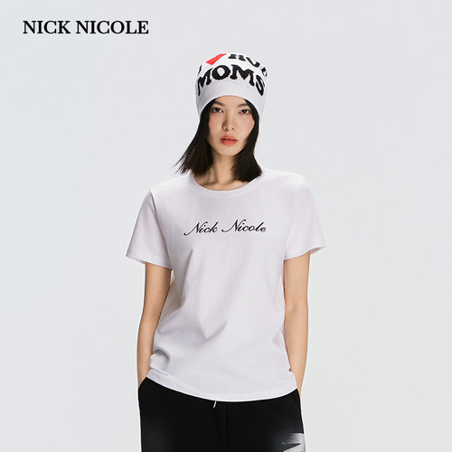 NICK&NICOLE2026新款韩版时尚女士短袖T恤一排字母短袖T修身潮流