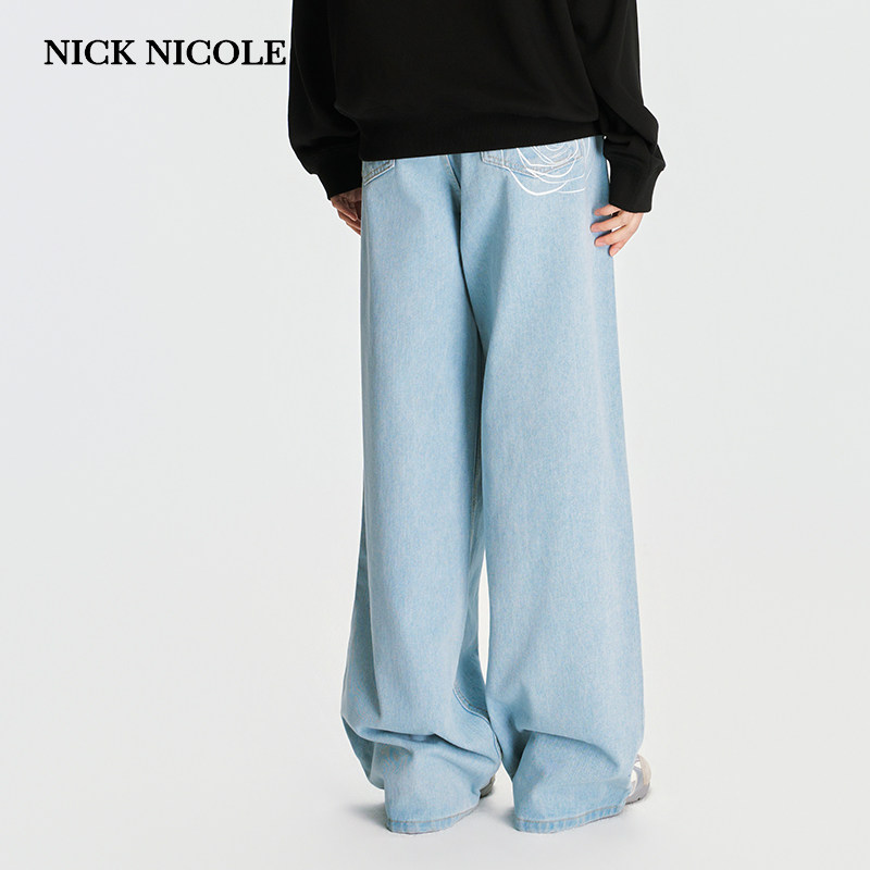 NICK&NICOLE2026新款韩版舒适经典阔腿直筒裤全棉牛仔长裤女印花
