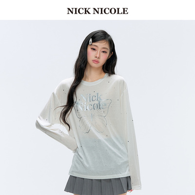 NICK&NICOLE小蝴蝶【倪倪同款】26年长袖T恤女秋季上衣松弛韩风