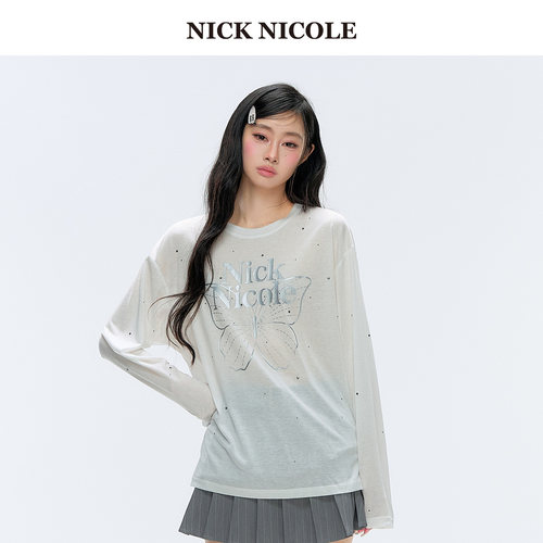 NICK&NICOLE小蝴蝶【倪倪同款】26年长袖T恤女秋季上衣松弛韩风