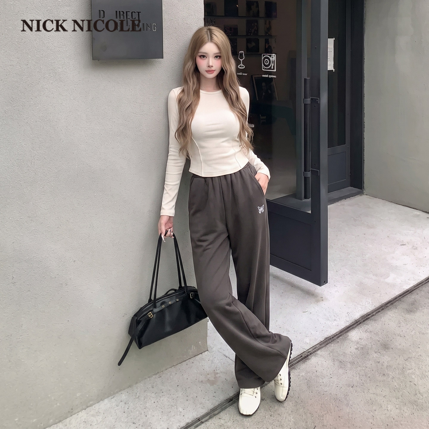 NICK&NICOLE2026新款秋季韩版时尚小蝴蝶刺绣织带裤休闲松弛韩风