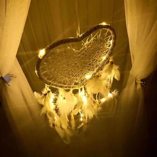 Heart Shaped LED Dream Catcher with Feathers Car Hanging Orn