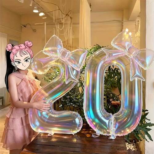 2pcs Colorful Transparent Digital Balloon 0-9 Colorful Bow