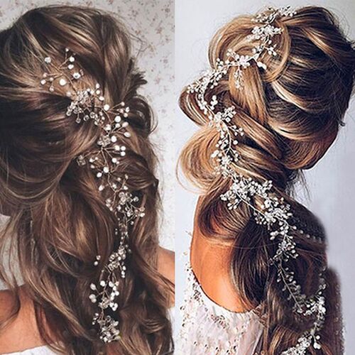 35/50cm Long Bride Handmade Crystal Pearl Hair Band Headdres