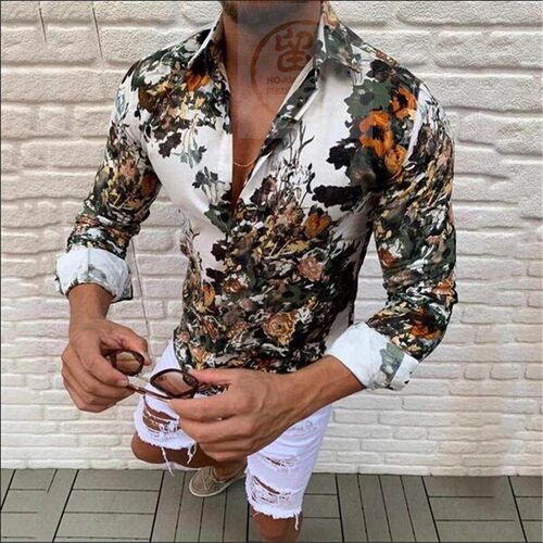 。Autumn and winter mens long sleeved flower shirt fashion