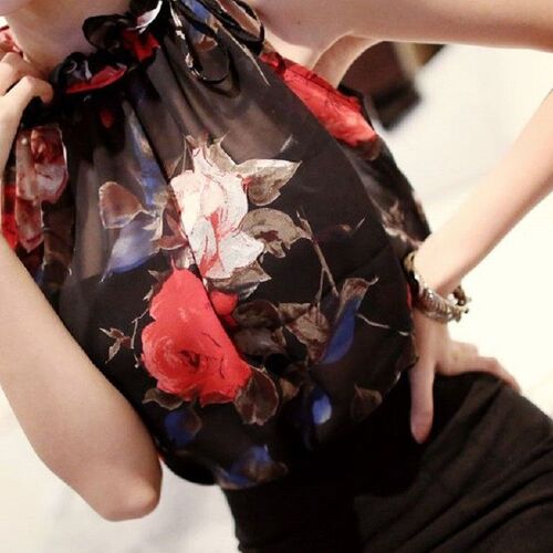 Floral Chiffon Summer Womens Tunic Blouse Sleeveless Ruffle