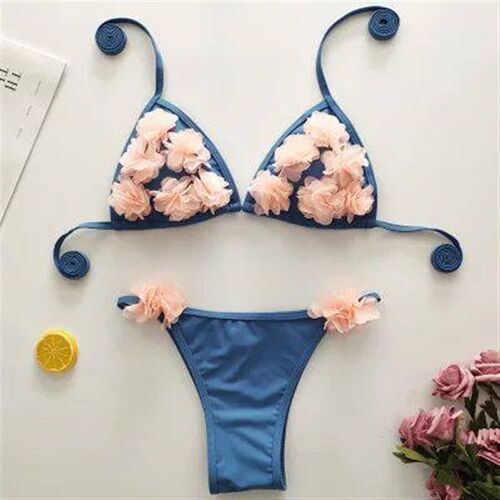 Solid Black Swimsuit Women Low Waist Bikini Set with Flower