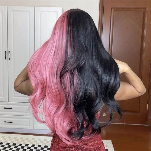 Pink and Black Long Wavy Synthetic Hair Wigs with Bangs Cosp