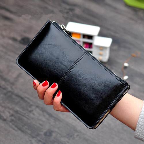 Womens Vintage Oil Wax Leather Zipper Clutch Wallet Female
