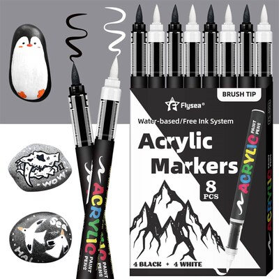 8pcs Black and White Acrylic Paint Markers Set, Large Ink Ca