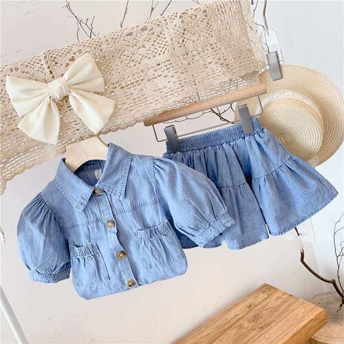 Summer childrens clothing girls fashion denim puffed sleeve