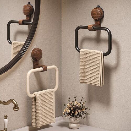Vintage Walnut Wood Towel Ring with Suction Cup Mount, No-Dr