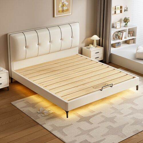 纯实木薄床头奶油风卧室小户型双人床榫卯加厚加宽排骨架支持定制