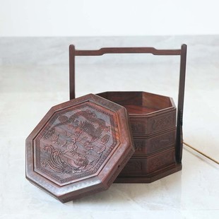 红木红酸枝提篮果盘食盒子实木质多层点心盒家用中式仿古带盖客厅