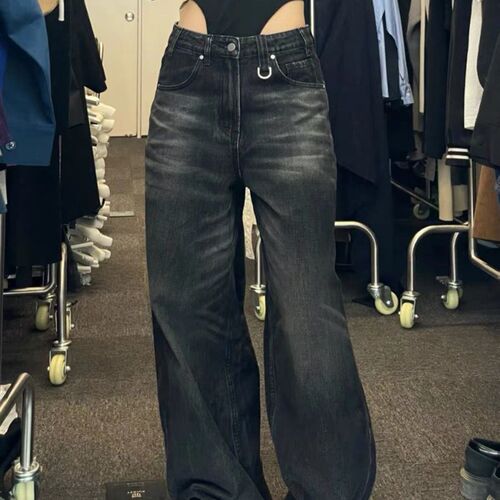 HOUZHOU Vintage Black Wide Leg Jeans Women Oversized High St
