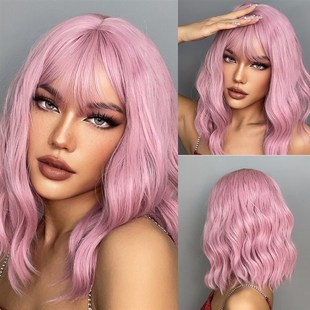 HAIRCUBE Wavy Synthetic Wig With Bangs Short Bob Pink Wigs C