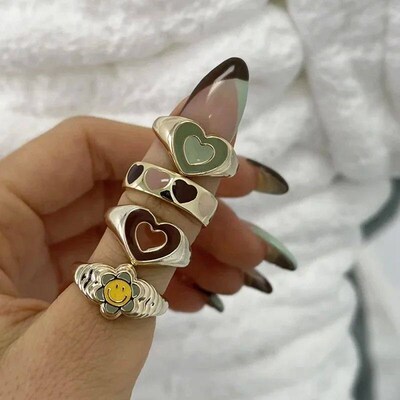 Korean ndy YK Vintage Double Layer Heart Enamel Ring for