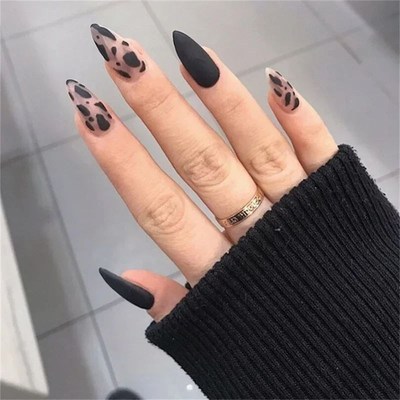24Pcs/Box Fake Nails Leopard Print Stiletto False  Matte Bla