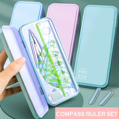 7Pcs/Set Ruler Compass with Metal box Geometry Maths Drawing