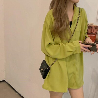 Aocado Green Shirt Womens Spring and Summer Thin Coat Lazy