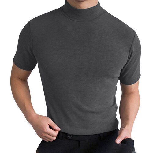 High Collar Short Sleeve Tshirt Mens Base Shirt Pure Color T