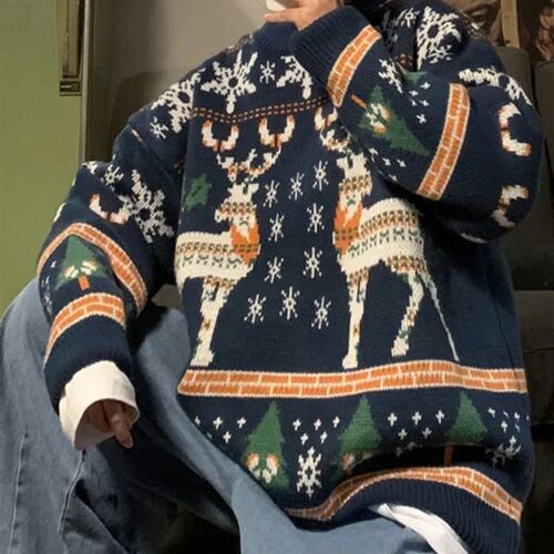 Ugly Christmas Sweater O-Neck Deer Knitted Top Men Oversized