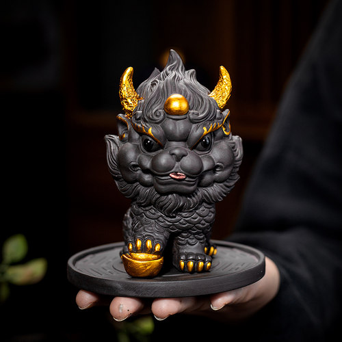 紫砂国潮瑞兽麒麟茶宠摆件精品可养招财茶桌茶台茶玩茶具茶道配件