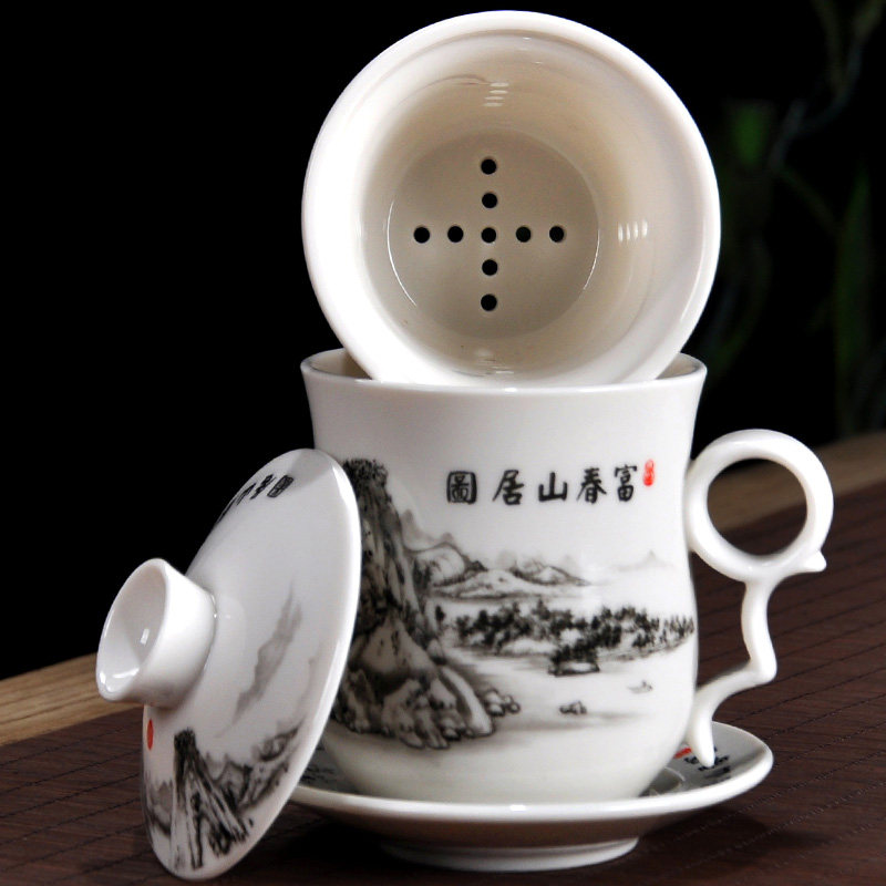 青花瓷茶杯陶瓷过滤带盖内胆茶水分离会议办公室大水杯个人泡茶杯图片