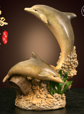 海豚寻宝黄铜彩绘桌面摆件工艺品家居客厅装饰品书房摆饰开业送礼