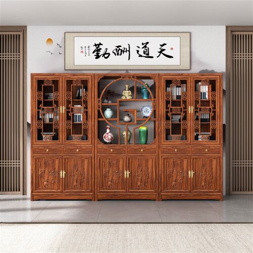 中式实木带门书柜书架新款三组合榆木展示柜玻璃书房办公室用仿古