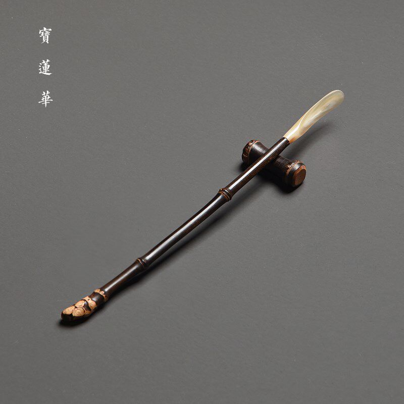 紫竹根柄镶花牛角茶拨 赠送竹搁架两件套 竹茶匙茶扒茶勺茶道零配