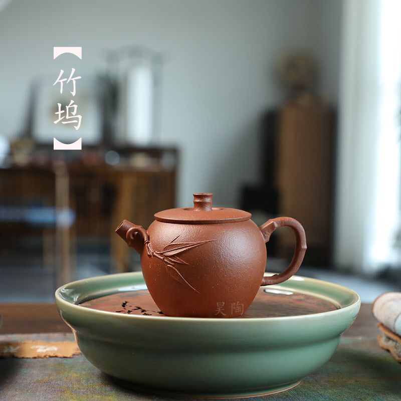 昊陶 竹坞壶 芨品红降坡泥 竹段竹节小壶 手工贴花 宜兴原矿紫砂