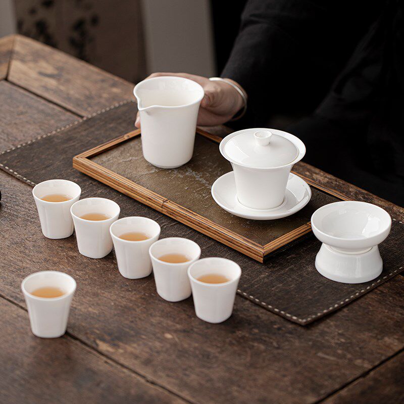 羊脂玉白瓷悬停三才盖碗茶杯公道杯套装2024新款陶瓷泡茶功夫茶具