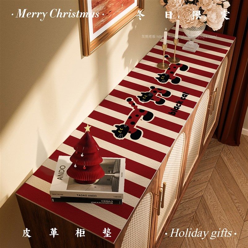 耶诞猫咪红色皮革电视柜垫防水防油免洗壁纸茶几垫边柜垫新年装饰