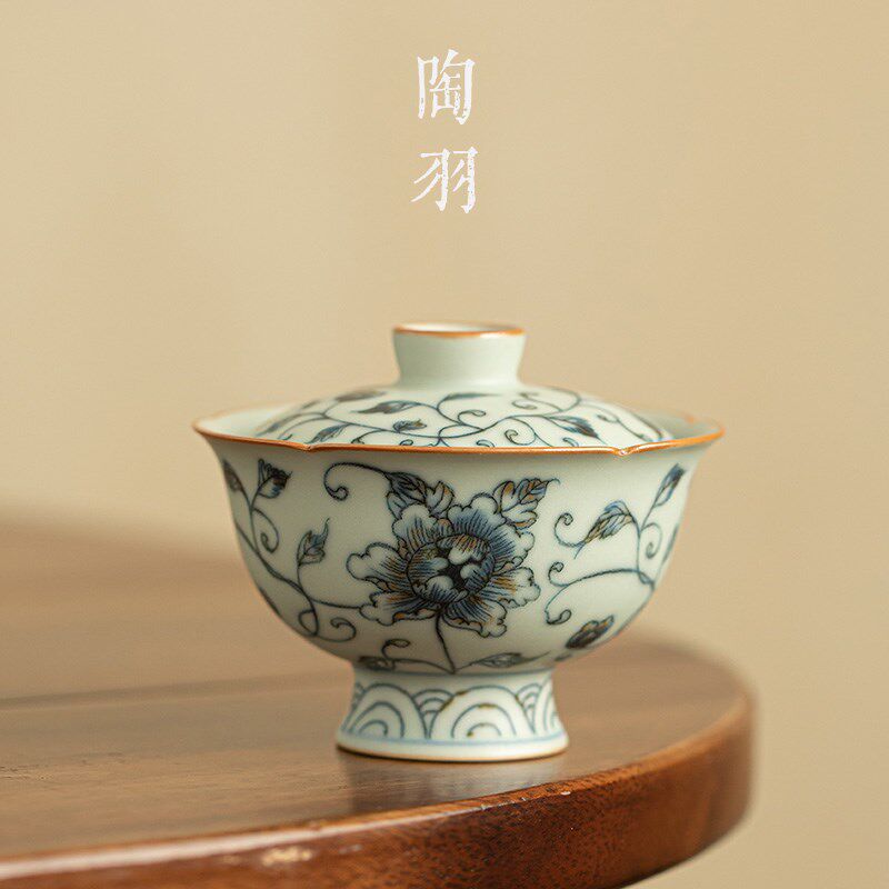 仿宋汝窑牡丹花瓣二才盖碗家用陶瓷泡茶碗防烫手功夫茶具泡茶壶