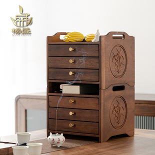 榜盛胡桃木实木分茶盘多层茶饼架抽屉式中式功夫茶道配件普洱茶盒