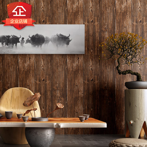 墙纸非自粘无胶不带背胶刷胶家用仿木纹木头木板原木色3d立体壁纸