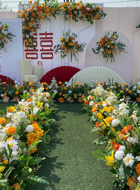 新款森系地排花婚庆绿色花排婚礼舞台t台路引花白绿色花艺长挂花