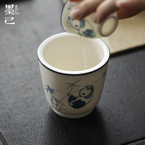 唐宋玉泥手绘熊猫戏竹建水茶道配件陶瓷水盂家用废水缸蓄水干泡缸