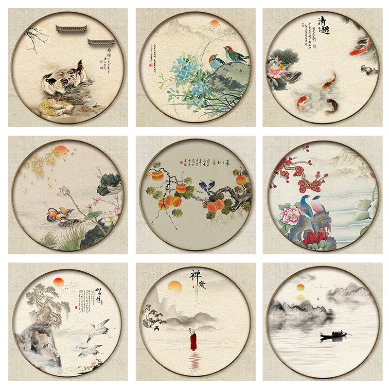 圆形花鸟工笔画室内客厅餐厅饭店壁画山水画自粘挂画事事如意国画