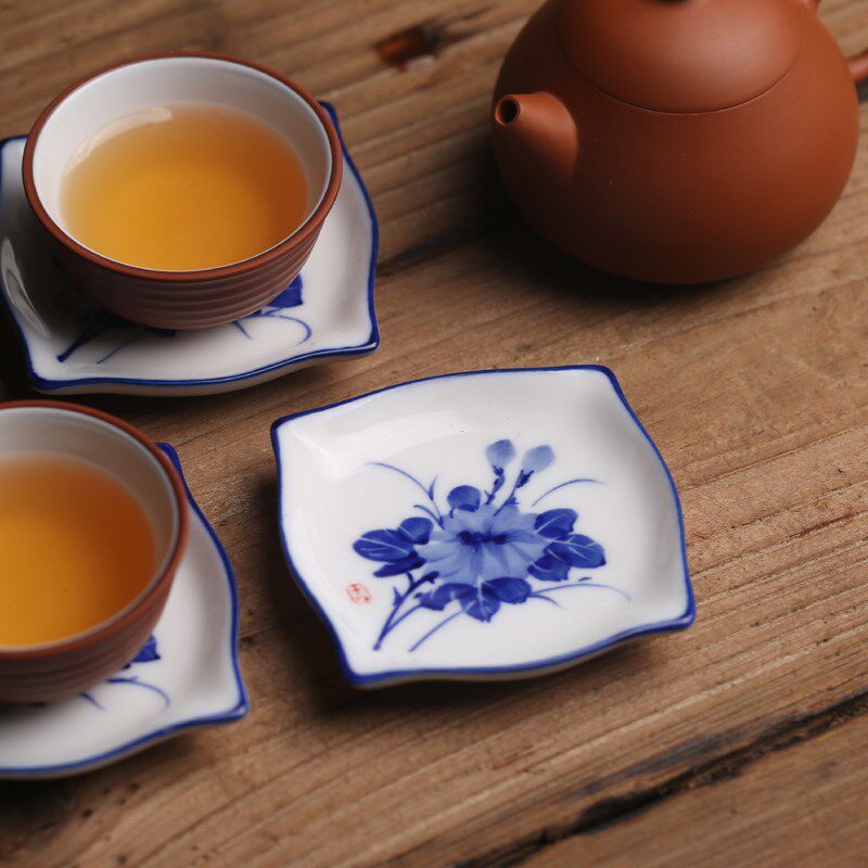90年代潮州老货 手绘小杯垫功夫茶垫陶瓷隔热茶具底座杯托釉下彩