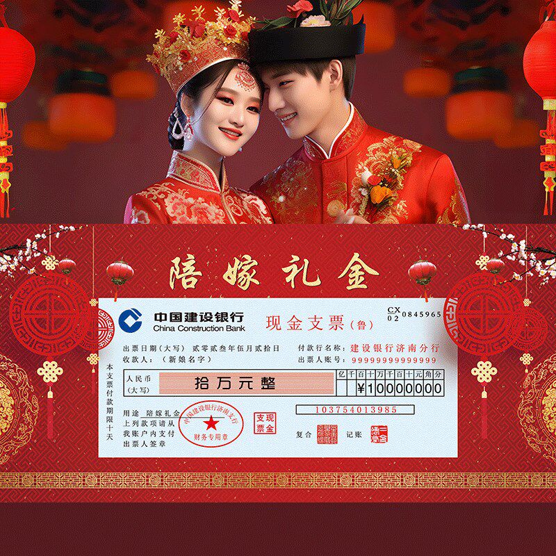 礼金陪嫁单现金支票牌娘家陪嫁展示牌结婚婚礼出嫁女方父母礼单牌