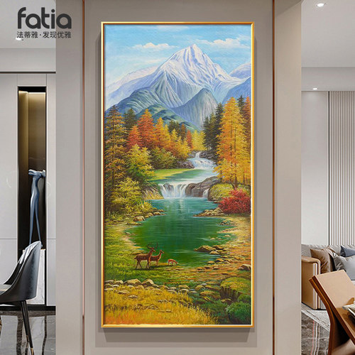 聚宝盆入户玄关装饰画寓意好走廊过道壁画竖版挂画山水风景画油画
