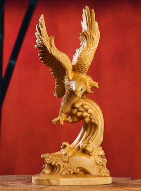 黄杨木雕大展宏图雄鹰大鹏展翅工艺品家居书房办公室桌面装饰摆件