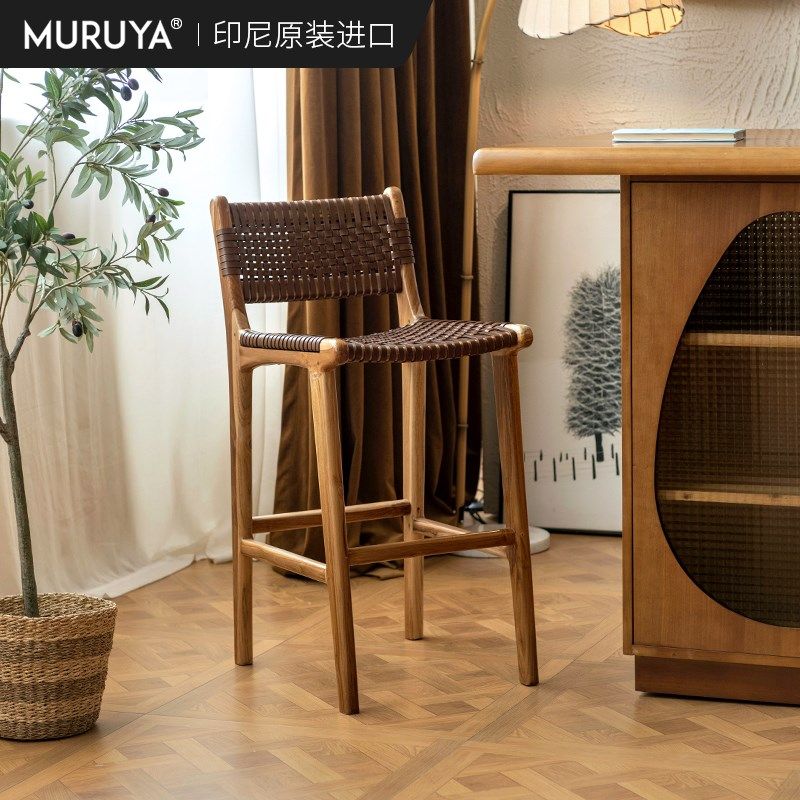 印尼原装进口实木高脚椅复古岛台椅客厅家用吧台椅餐厅民宿餐椅