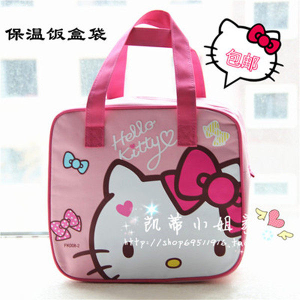粉色猫咪方形大饭盒袋 保温袋 手拎式可爱粉色保温饭盒包内衬防水