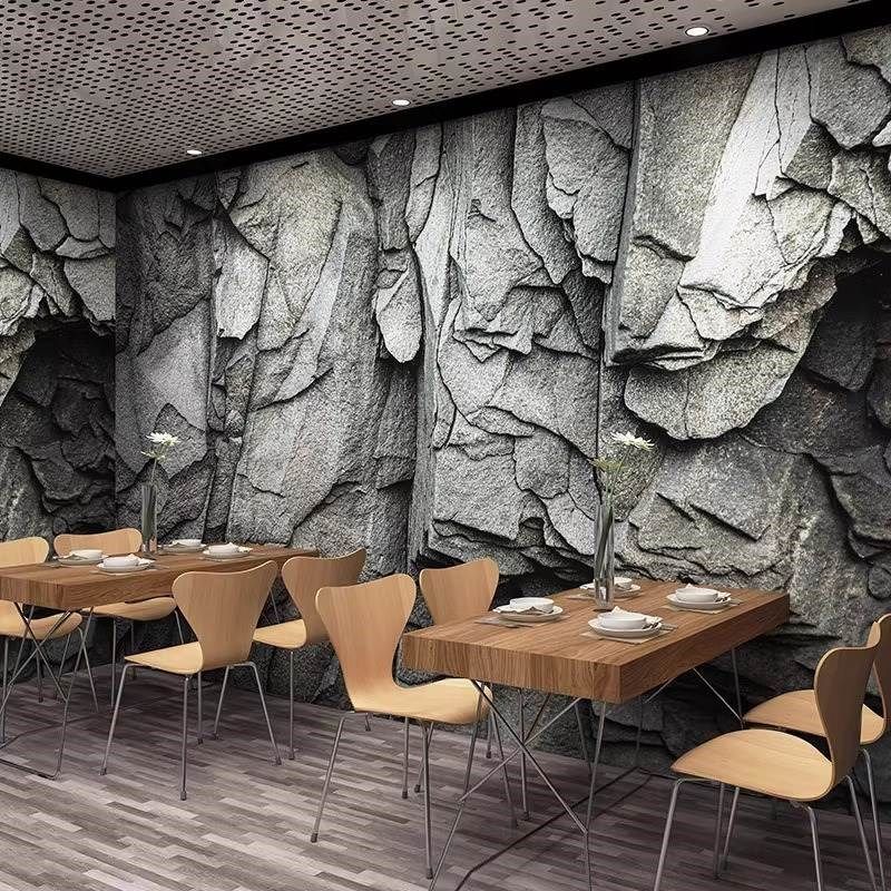 3d立体浮雕餐饮店墙纸工业风仿岩板石头酒店前台壁画电视背景壁布
